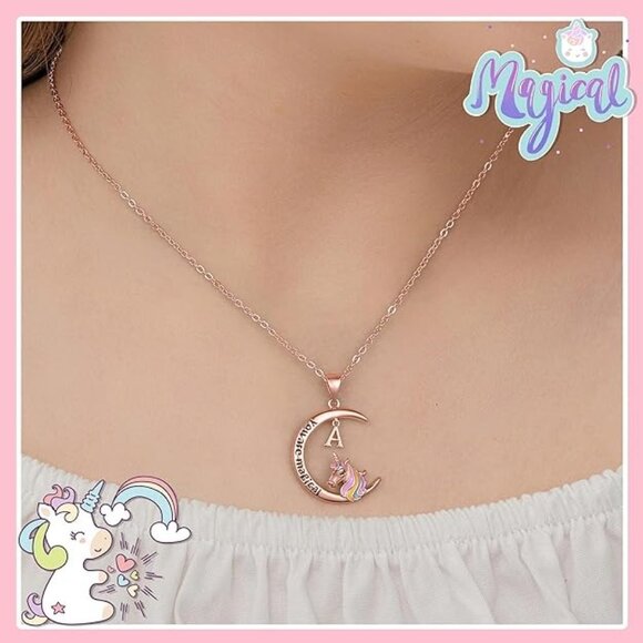 Unicorns Girls Necklaces, 14K Rose Gold Plated Moon Pendant Unicorn  Initial "L" - Picture 5 of 6